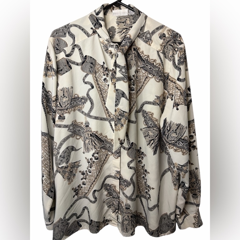 Alfred Dunner Ivory & Taupe Print Tie-Neck Blouse